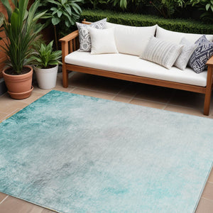 Homeroots 3' Ombre Beige Sky Blue And Teal Indoor Outdoor Area Rug – Durable, Washable, Stain Resistant Design 8' X 10' Polyester 577923
