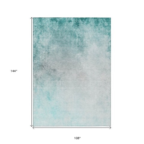 Homeroots 3' Ombre Beige Sky Blue And Teal Indoor Outdoor Area Rug – Durable, Washable, Stain Resistant Design 9' X 12' Polyester 577924