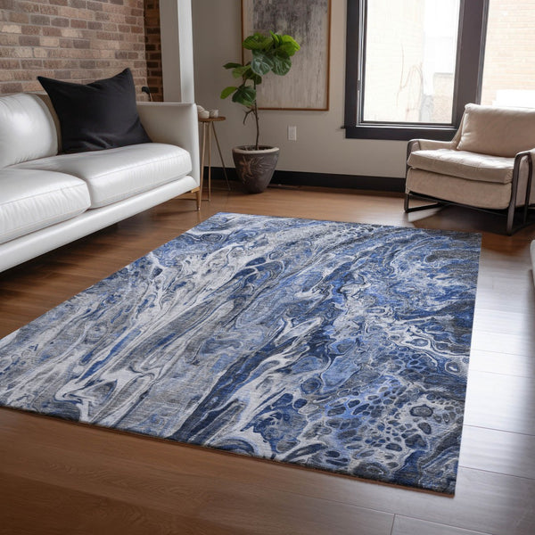 Homeroots 3' Denim Blue And Navy Abstract Washable Area Rug - Versatile Indoor Outdoor Décor For Any Space 5' X 8' Polyester 577927