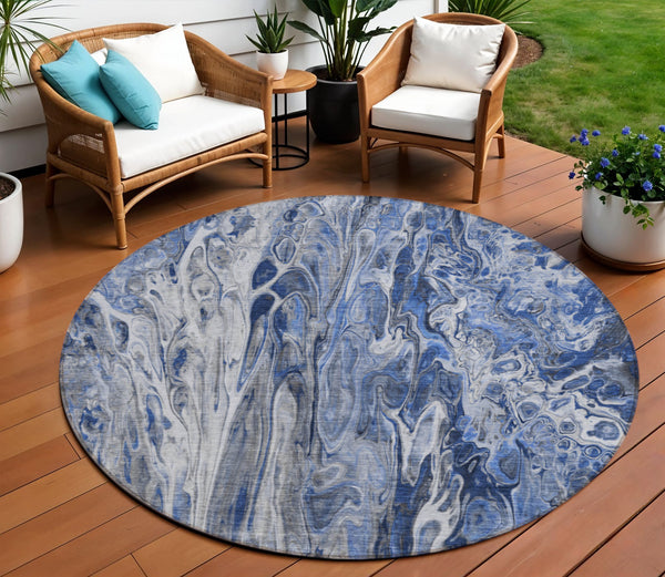 Homeroots 3' Denim Blue And Navy Abstract Washable Area Rug - Versatile Indoor Outdoor Décor For Any Space 8' Round Polyester 577928