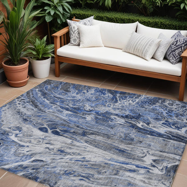 Homeroots 3' Denim Blue And Navy Abstract Washable Area Rug - Versatile Indoor Outdoor Décor For Any Space 9' X 12' Polyester 577930