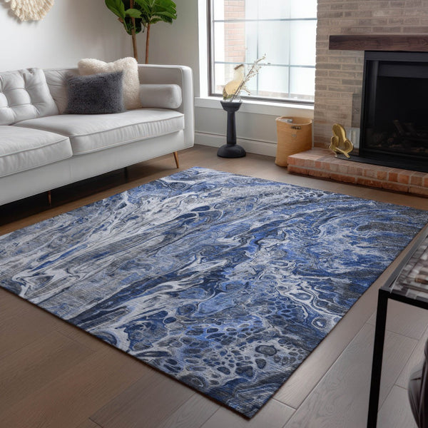 Homeroots 3' Denim Blue And Navy Abstract Washable Area Rug - Versatile Indoor Outdoor Décor For Any Space 10' X 14' Polyester 577931