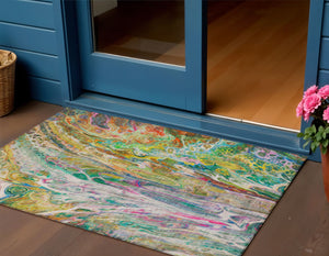 Homeroots 3' Denim Blue And Navy Abstract Washable Area Rug - Versatile Indoor Outdoor Décor For Any Space 3' X 5' Polyester 577938