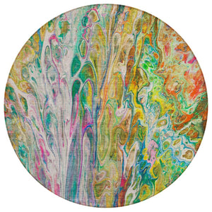 HomeRoots 5' Abstract Green, Gold, and White Washable Area Rug - Stylish, Durable, Perfect for Indoor & Outdoor Use 8' Round 577940