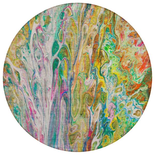 HomeRoots 5' Abstract Green, Gold, and White Washable Area Rug - Stylish, Durable, Perfect for Indoor & Outdoor Use 8' Round 577940