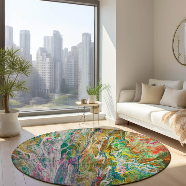 Homeroots 3' Denim Blue And Navy Abstract Washable Area Rug - Versatile Indoor Outdoor Décor For Any Space 8' Round Polyester 577940