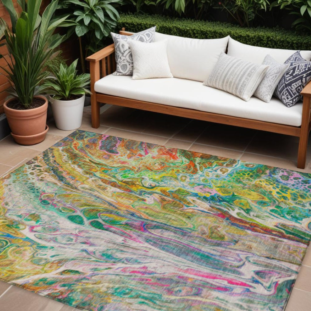 HomeRoots 5' Abstract Green, Gold, and White Washable Area Rug - Stylish, Durable, Perfect for Indoor & Outdoor Use 10' X 14' 577943