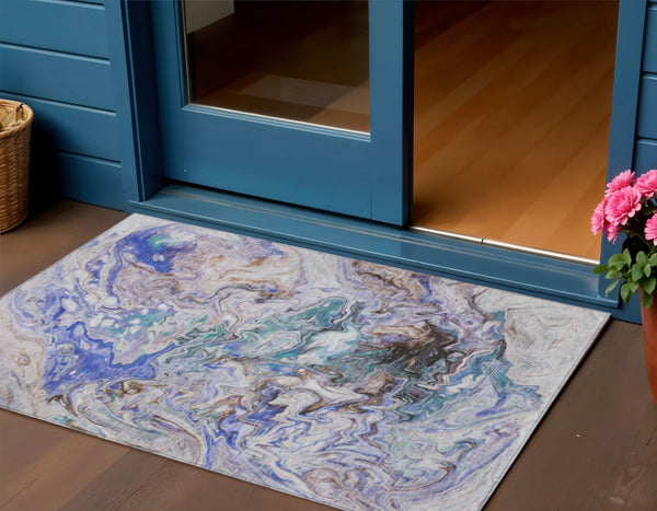 Homeroots 3' Abstract Washable Indoor Outdoor Area Rug In Beige Blue And Taupe - Durable & Stylish Design 3' X 5' Polyester 577950