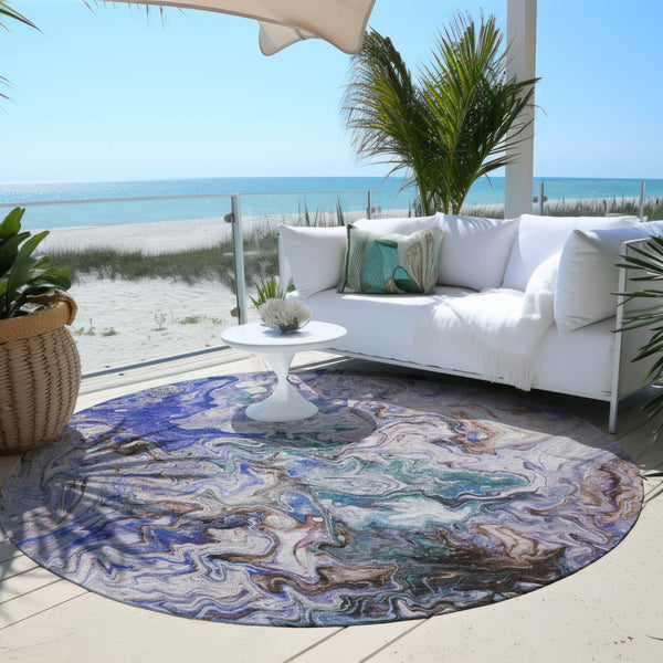 Homeroots 3' Abstract Washable Indoor Outdoor Area Rug In Beige Blue And Taupe - Durable & Stylish Design 8' Round Polyester 577952
