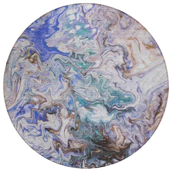 HomeRoots 5' Abstract Beige, Blue & Taupe Area Rug - Stylish, Washable, Indoor/Outdoor, Durable & Versatile Decor 8' Round 577952