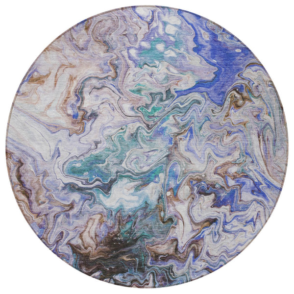 Homeroots 3' Abstract Washable Indoor Outdoor Area Rug In Beige Blue And Taupe - Durable & Stylish Design 8' Round Polyester 577952