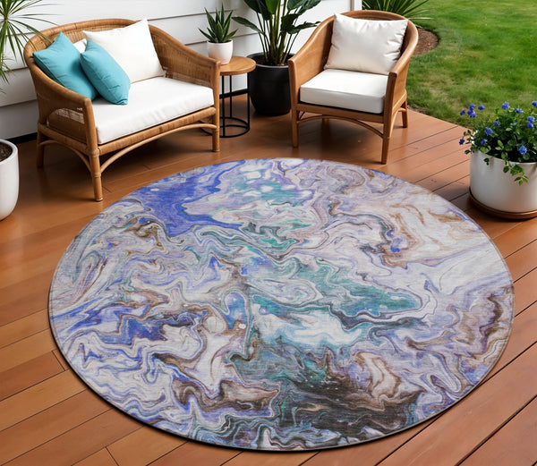 Homeroots 3' Abstract Washable Indoor Outdoor Area Rug In Beige Blue And Taupe - Durable & Stylish Design 8' Round Polyester 577952