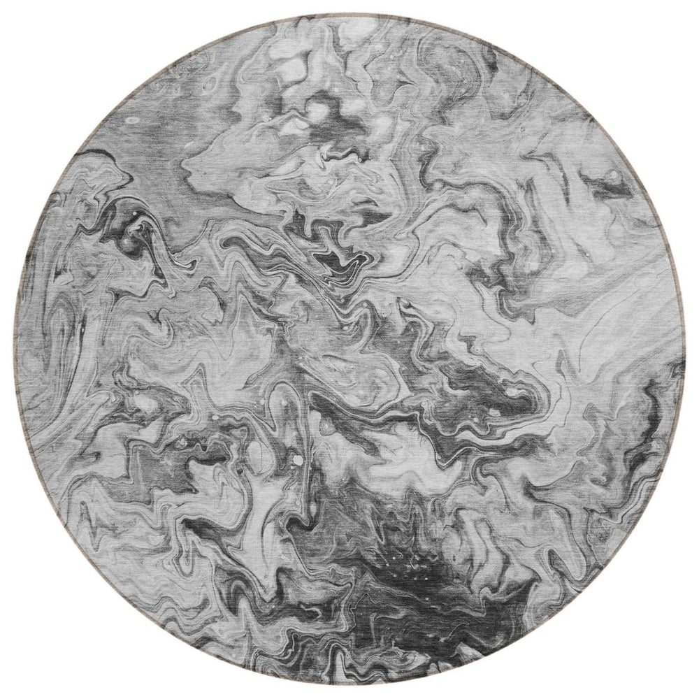 HomeRoots 5' Modern Abstract Gray Charcoal and Silver Washable Area Rug for Indoor or Outdoor Spaces 8' Round 577958