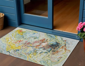 Homeroots 3' Abstract Washable Indoor Outdoor Area Rug In Beige Blue And Taupe - Durable & Stylish Design 3' X 5' Polyester 577962