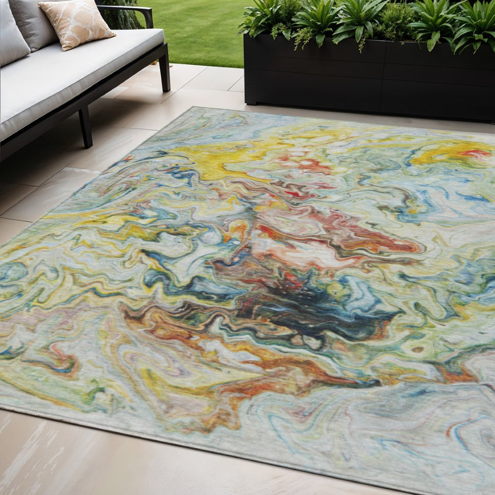 HomeRoots 5' Stylish Ivory Blue and Yellow Abstract Washable Area Rug for Indoor and Outdoor Durability 5' X 8' 577963