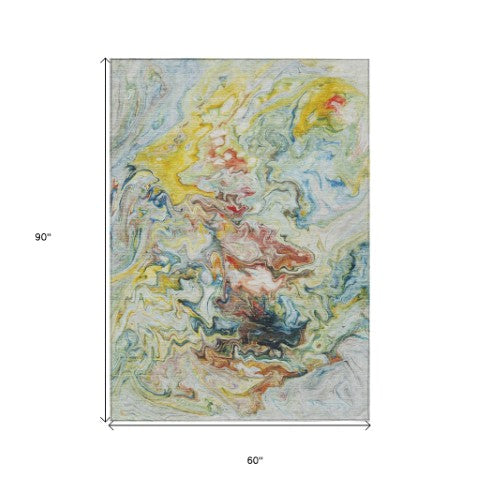 Homeroots 3' Abstract Washable Indoor Outdoor Area Rug In Beige Blue And Taupe - Durable & Stylish Design 5' X 8' Polyester 577963