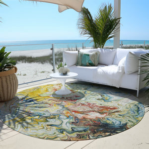 Homeroots 3' Abstract Washable Indoor Outdoor Area Rug In Beige Blue And Taupe - Durable & Stylish Design 8' Round Polyester 577964