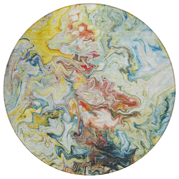 HomeRoots 5' Stylish Ivory Blue and Yellow Abstract Washable Area Rug for Indoor and Outdoor Durability 8' Round 577964