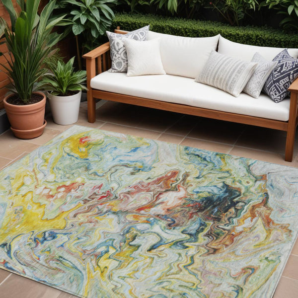 Homeroots 3' Abstract Washable Indoor Outdoor Area Rug In Beige Blue And Taupe - Durable & Stylish Design 9' X 12' Polyester 577966