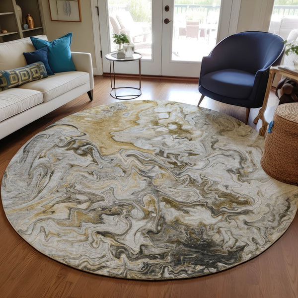 Homeroots 3' Abstract Washable Indoor Outdoor Area Rug In Beige Blue And Taupe - Durable & Stylish Design 8' Round Polyester 577970