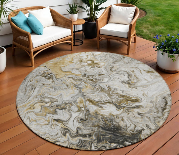 Homeroots 3' Abstract Washable Indoor Outdoor Area Rug In Beige Blue And Taupe - Durable & Stylish Design 8' Round Polyester 577970
