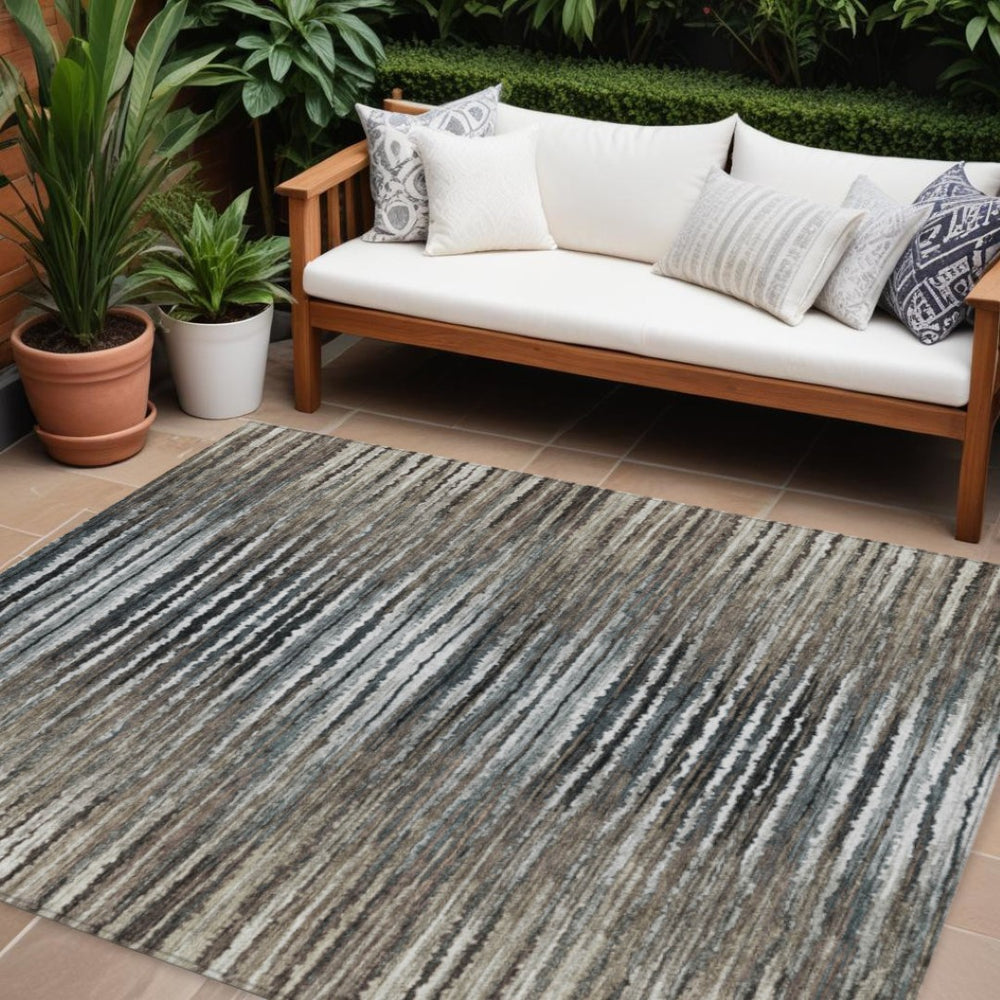 HomeRoots 9' Stylish Brown Taupe and Chocolate Striped Washable Area Rug for Indoor and Outdoor Spaces 9' X 12' 577990