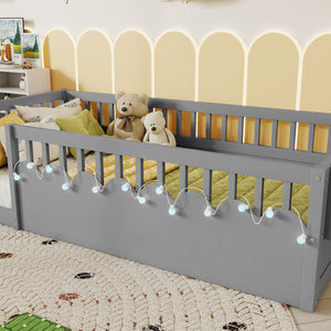 English Elm Full Montessori floor bed offering high rails, built-in light and shelf for safe independent sleep and storage Grey 79.13 L x 13 W x 6.3 H W2593P333796