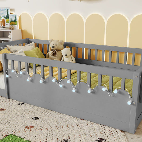 English Elm Full Montessori floor bed offering high rails, built-in light and shelf for safe independent sleep and storage Grey 79.13 L x 13 W x 6.3 H W2593P333796