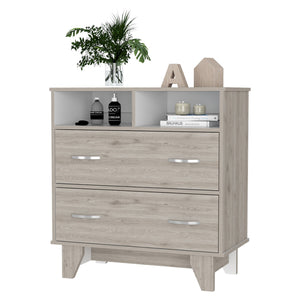 English Elm Portobelo modern two-drawer dresser with open shelves, sturdy top & four legs for stylish storage and display Multicolor 36 L x 21 W x 4 H B128S00110