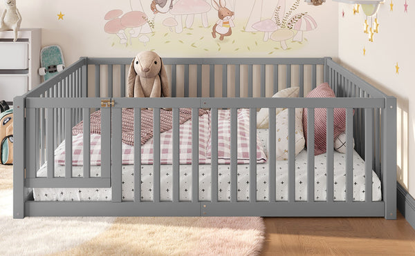 English Elm Twin Floor Bed Pine Wood Frame with Guardrails and Door for Safe Toddler Sleep Gray W1580P418052
