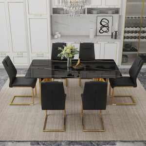 English Elm Table Modern Dining Set With Glass Top, Imitation Marble Finish, 6 Black Pu Chairs & Gold Legs W1151S04328-GIGA