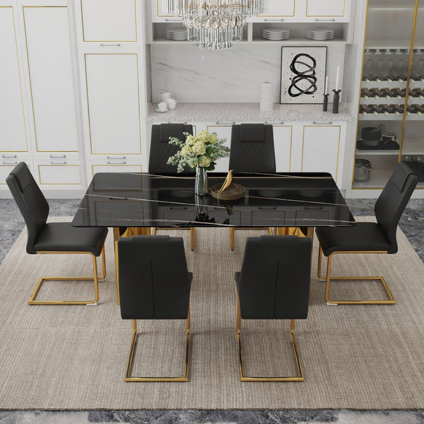English Elm Table Modern Dining Set With Glass Top, Imitation Marble Finish, 6 Black Pu Chairs & Gold Legs W1151S04328-GIGA
