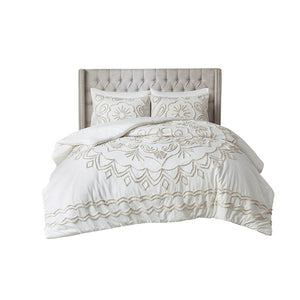 English Elm Full/Queen Violette 3-Piece Tufted Cotton Chenille Duvet Cover Set Ivory Taupe Medallion Elegance B03597351
