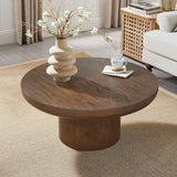 English Elm 35.98Inch Round Coffee Table With Cylindrical Leg,Wood Veneer Tabletop Table,Rounded Sofa Side Table For Living Room Office,Brown