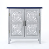 Christopher Knight Home® - Noble House - Alana Modern Firwood Cabinet with Carved Panels, Silver and Navy Blue