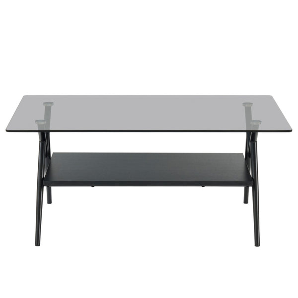 English Elm Rectangle Coffee Table With Elegant Tempered Glass Top & Black Mdf Shelf For Modern Living Room Décor W241142567-GIGA