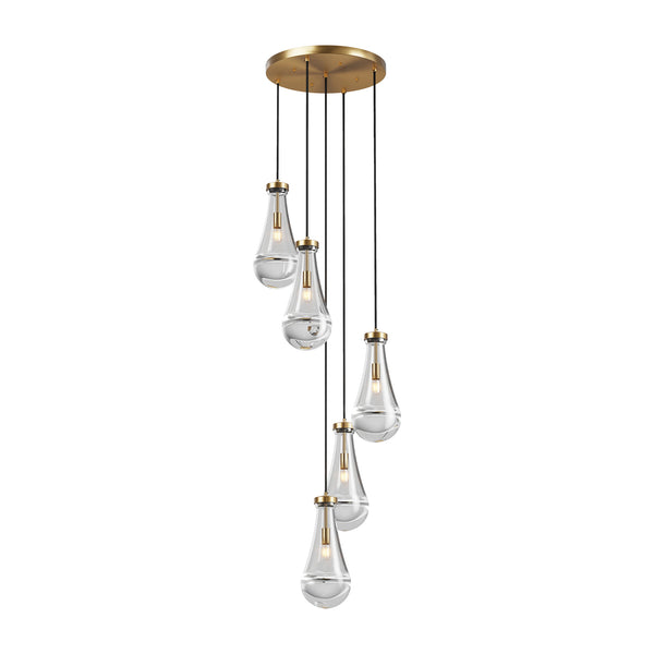 English Elm 5 Modern 5-Light Cluster Pendant with Raindrop Glass & Adjustable Rope Cordset for High Ceilings Gold W2312P389955