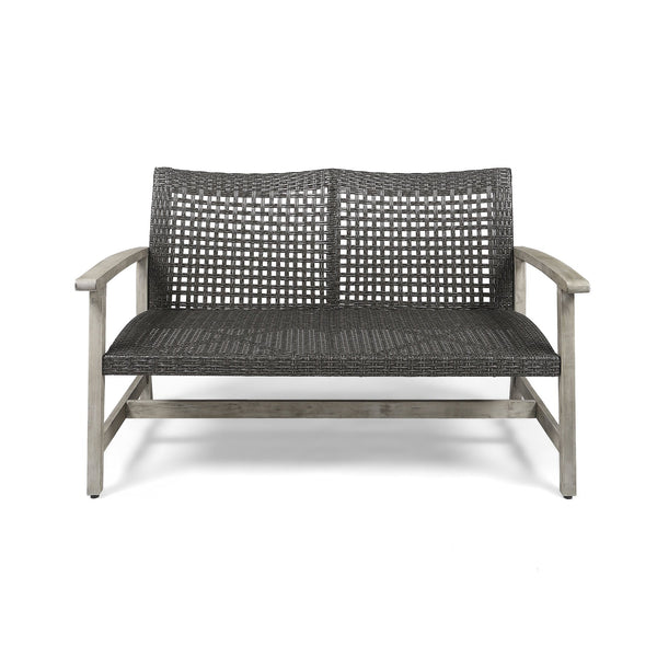 English Elm Christopher Knight Home® - HAMPTON Acacia Wood Wicker Loveseat with Iron Accents – Weather-Resistant Patio Seat, Handcrafted Comfort Grey 60396.00WTCLMBLK