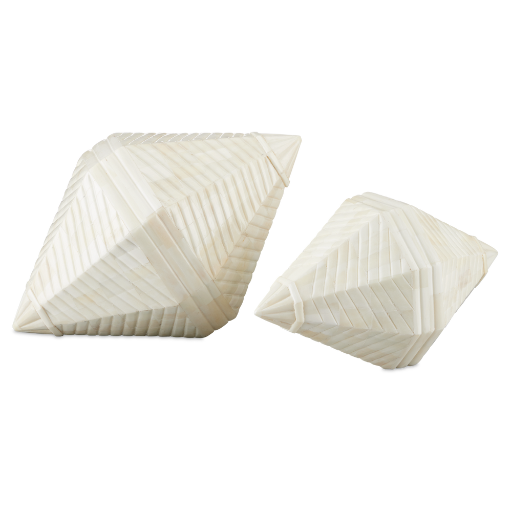Pavi Bone Prism Set of 2 - Artisanal White Sculptures with Unique Shell Shape for Home Decor