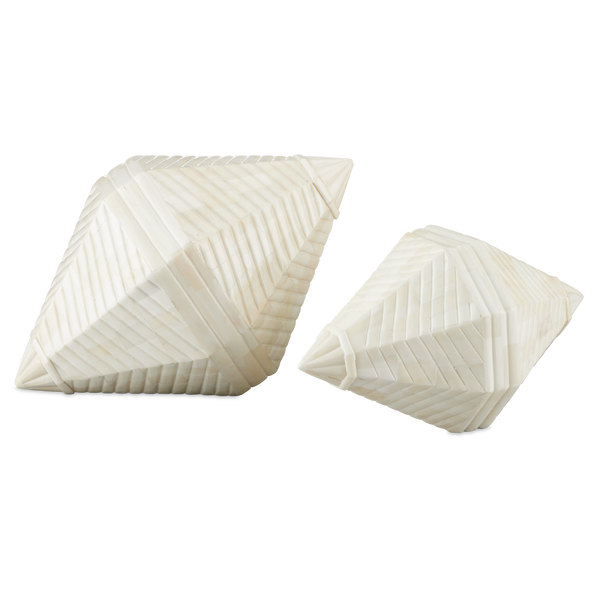 Pavi Bone Prism Set of 2 - Artisanal White Sculptures with Unique Shell Shape for Home Decor