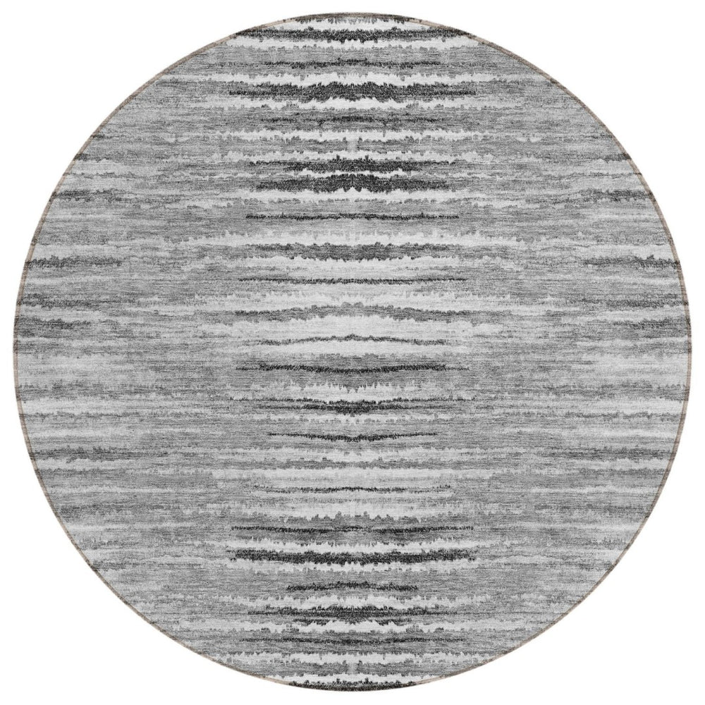 HomeRoots 5' Stylish Silver Gray and Charcoal Striped Washable Area Rug for Indoor and Outdoor Spaces 8' Round 578000