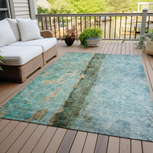 Homeroots 3' Blue And Gold Abstract Washable Rug - Versatile Indoor Outdoor Area Rug For Home And Patio Decor 3' X 5' Polyester 578010