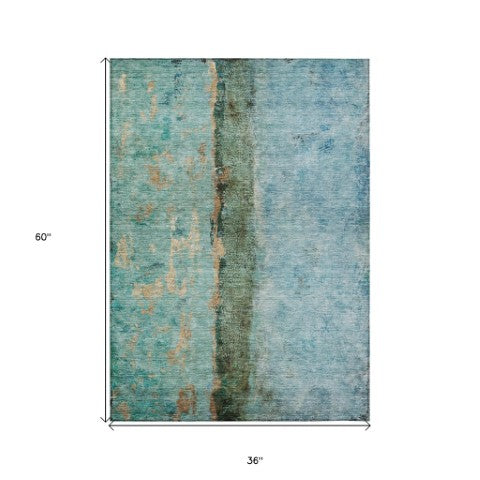 Homeroots 3' Blue And Gold Abstract Washable Rug - Versatile Indoor Outdoor Area Rug For Home And Patio Decor 3' X 5' Polyester 578010