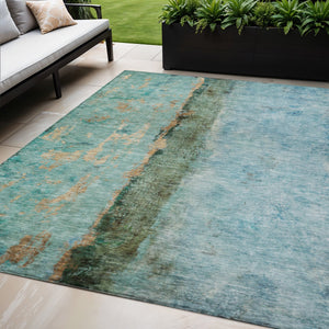 Homeroots 3' Blue And Gold Abstract Washable Rug - Versatile Indoor Outdoor Area Rug For Home And Patio Decor 5' X 8' Polyester 578011