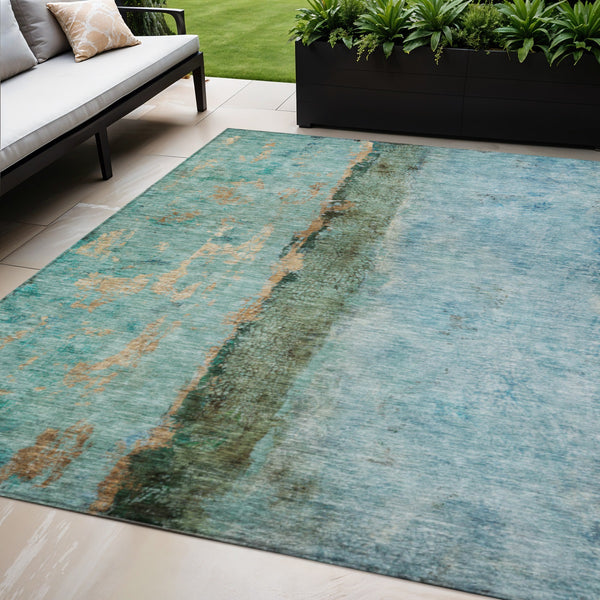 Homeroots 3' Blue And Gold Abstract Washable Rug - Versatile Indoor Outdoor Area Rug For Home And Patio Decor 5' X 8' Polyester 578011