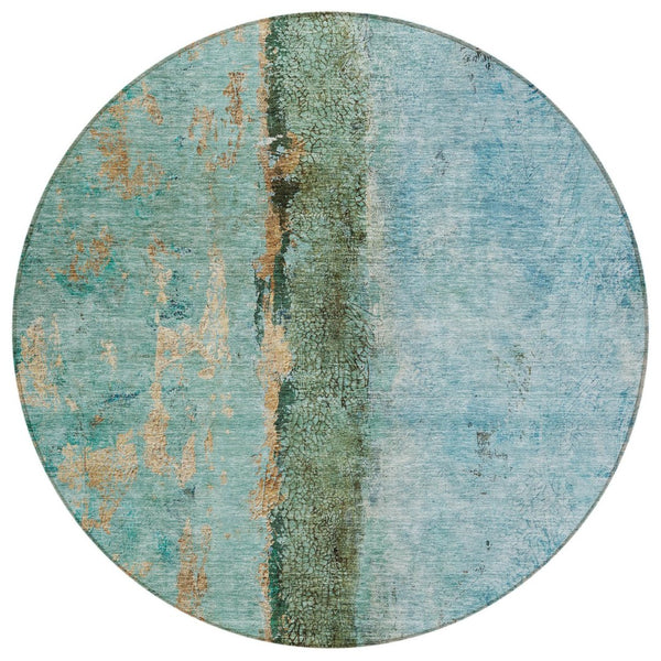 HomeRoots 5' Blue and Gold Abstract Area Rug - Durable, Washable Design for Indoor and Outdoor Spaces 8' Round 578012