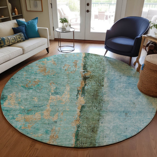 Homeroots 3' Blue And Gold Abstract Washable Rug - Versatile Indoor Outdoor Area Rug For Home And Patio Decor 8' Round Polyester 578012