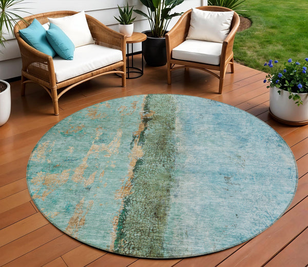 Homeroots 3' Blue And Gold Abstract Washable Rug - Versatile Indoor Outdoor Area Rug For Home And Patio Decor 8' Round Polyester 578012