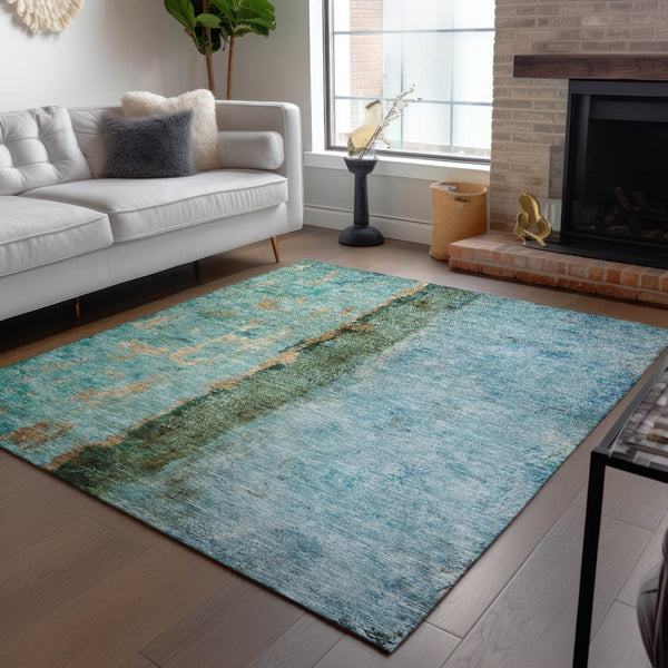 Homeroots 3' Blue And Gold Abstract Washable Rug - Versatile Indoor Outdoor Area Rug For Home And Patio Decor 8' X 10' Polyester 578013