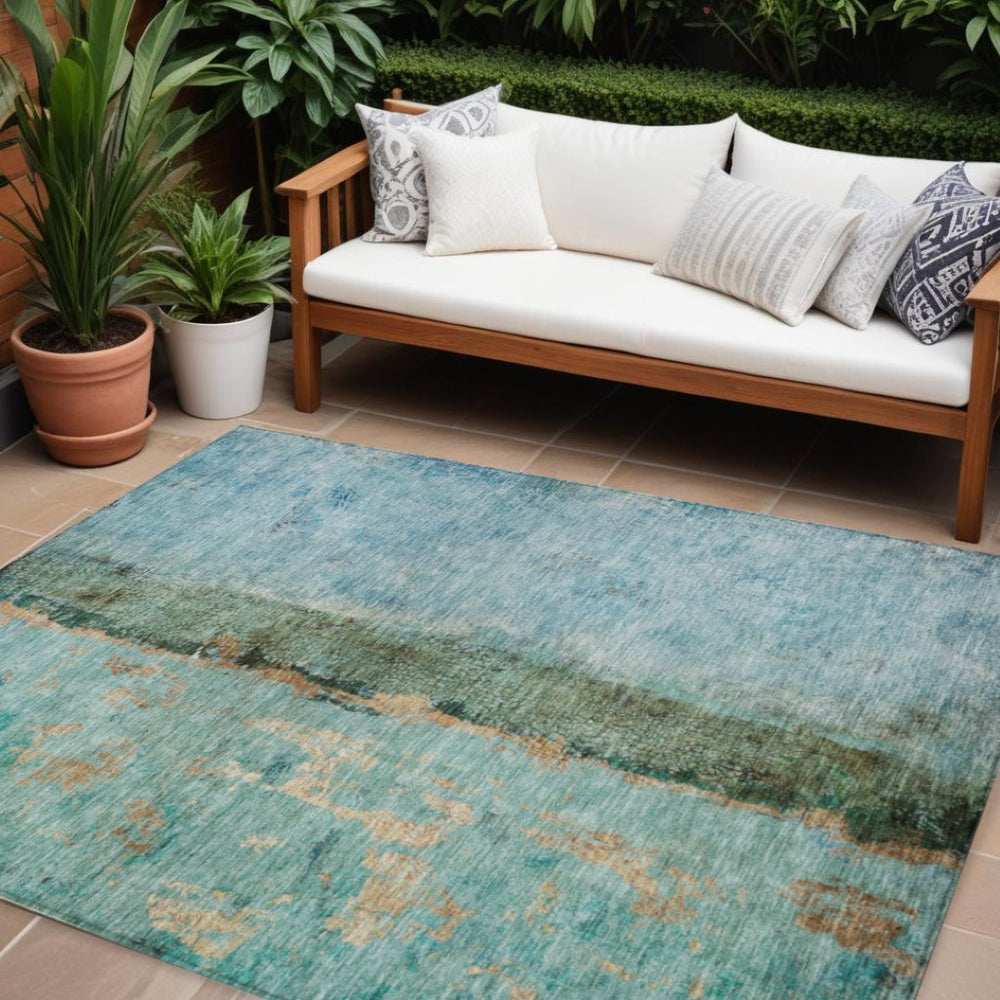 HomeRoots 9' Bold Abstract Blue and Gold Washable Area Rug for Indoor and Outdoor Spaces, Stain-Resistant Style 9' X 12' 578014
